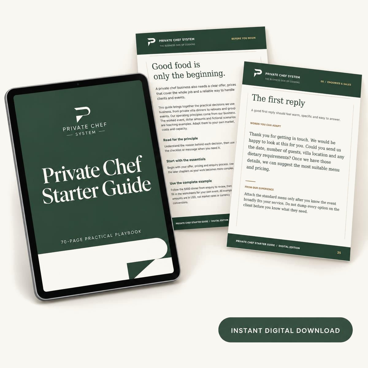 Private Chef Starter Guide on iPad with worksheet pages, instant digital download